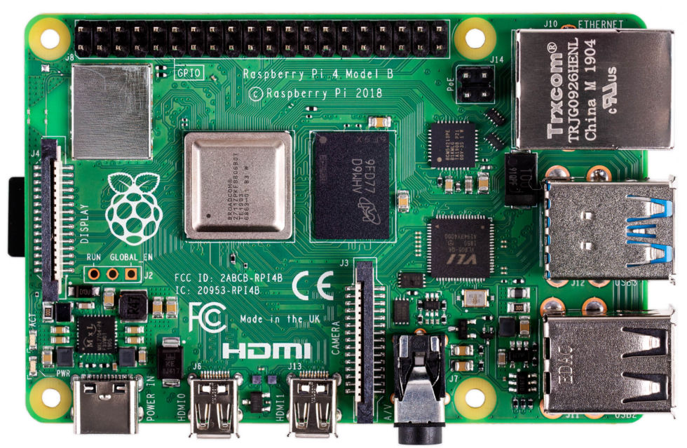 Raspberry Pi 4 Model B board seen from above