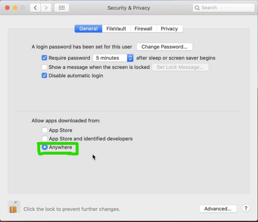 Anywhere option selected under Allow apps downloaded from
