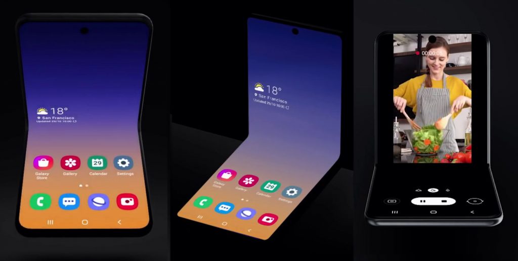 Samsung clamshell foldable phone concept shown open, half folded and propped up for video recording