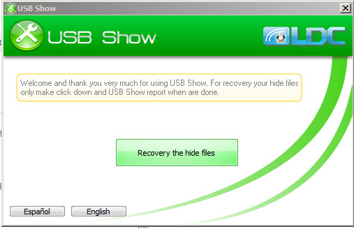USB Show main window with the Recovery the hide files button and the Español and English language buttons