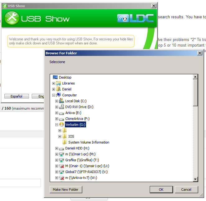 Browse For Folder window in USB Show with the USB drive Verbatim (G:) selected