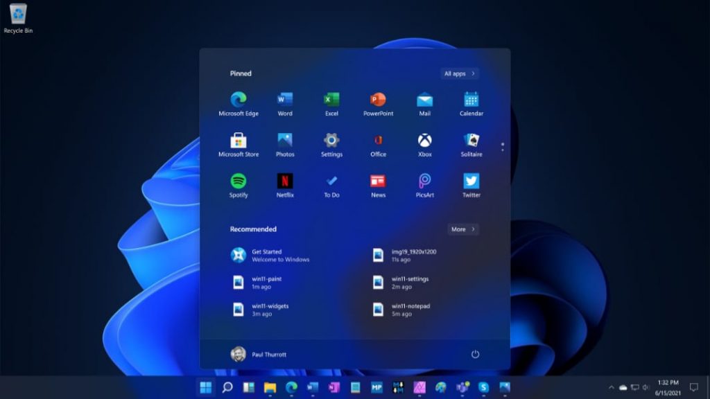 New centered Start menu in the leaked Windows 11 build 21996.1