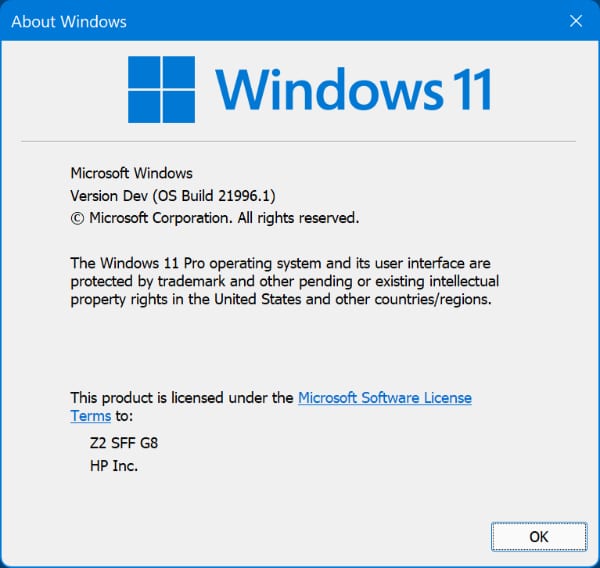 About Windows dialog showing Windows 11 Version Dev, OS Build 21996.1