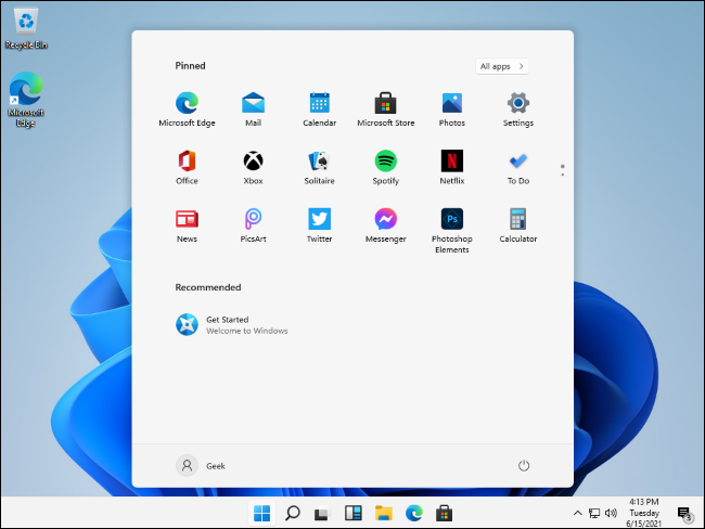 Windows 11 build 21996.1 desktop with the centered taskbar and Start menu