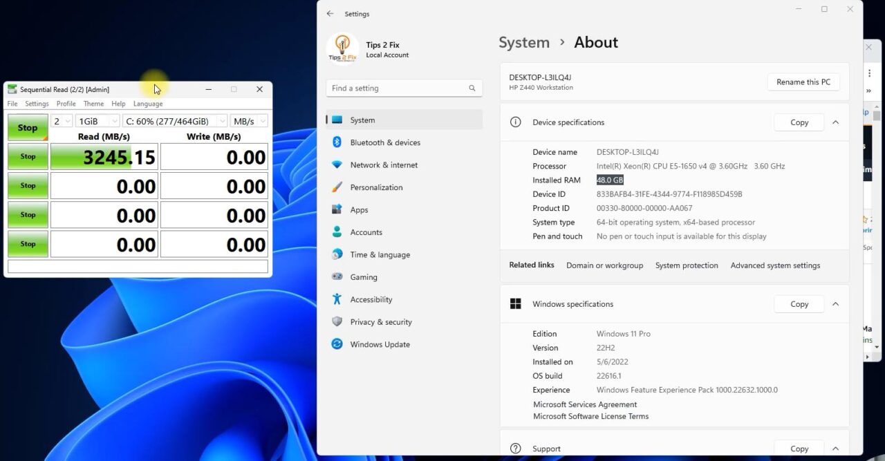 CrystalDiskMark showing about 3,245 MB/s read speed on an NVMe SSD next to the Windows 11 About page