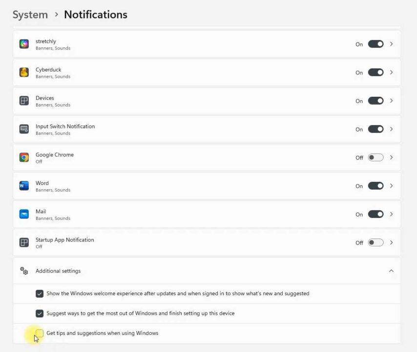 Windows 11 Notifications settings with the tips and suggestions options under Additional settings