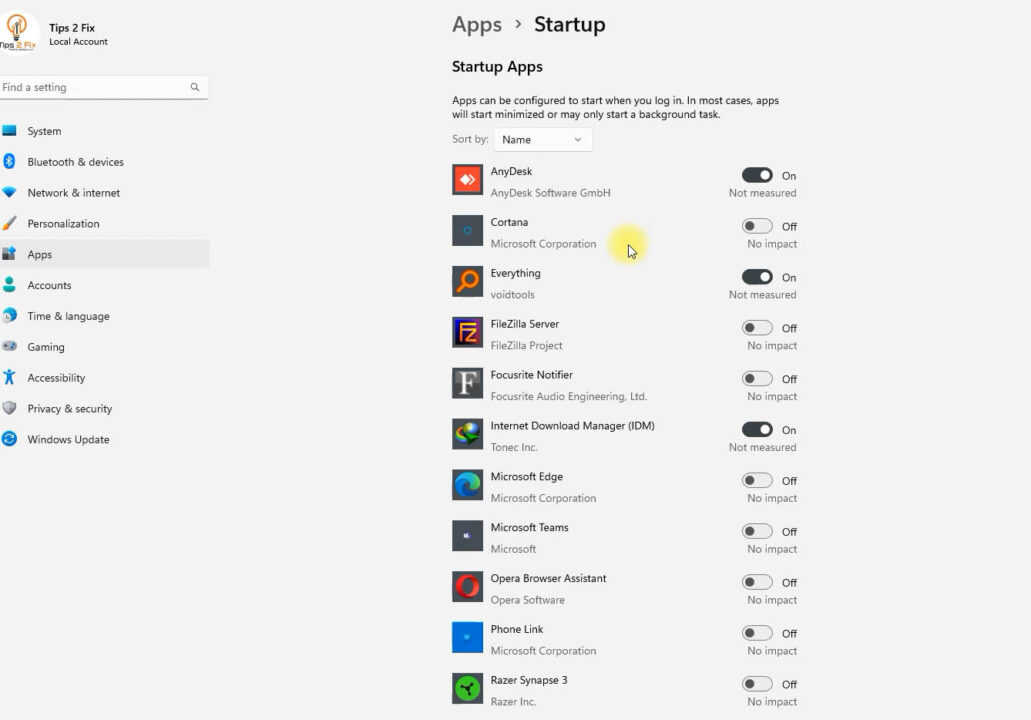 Startup apps list in Windows 11 Settings with toggles to turn apps off