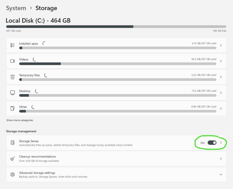 Storage Sense option in Windows 11 Storage settings