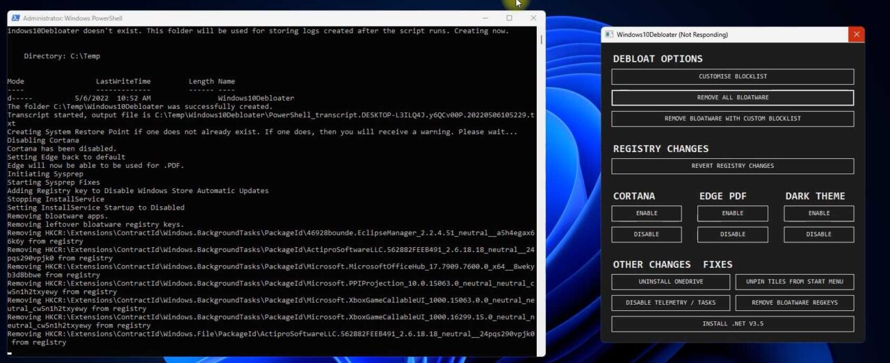 Windows10Debloater window and PowerShell running the debloat script on Windows 11