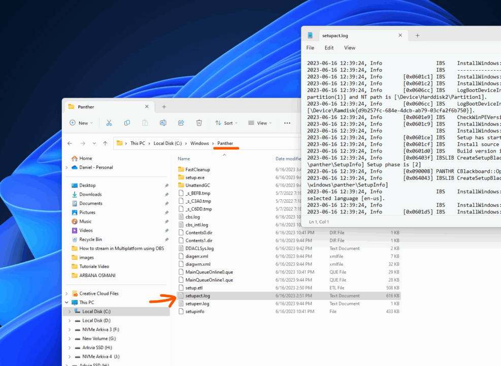The C:\Windows\Panther folder in File Explorer with setupact.log open in Notepad